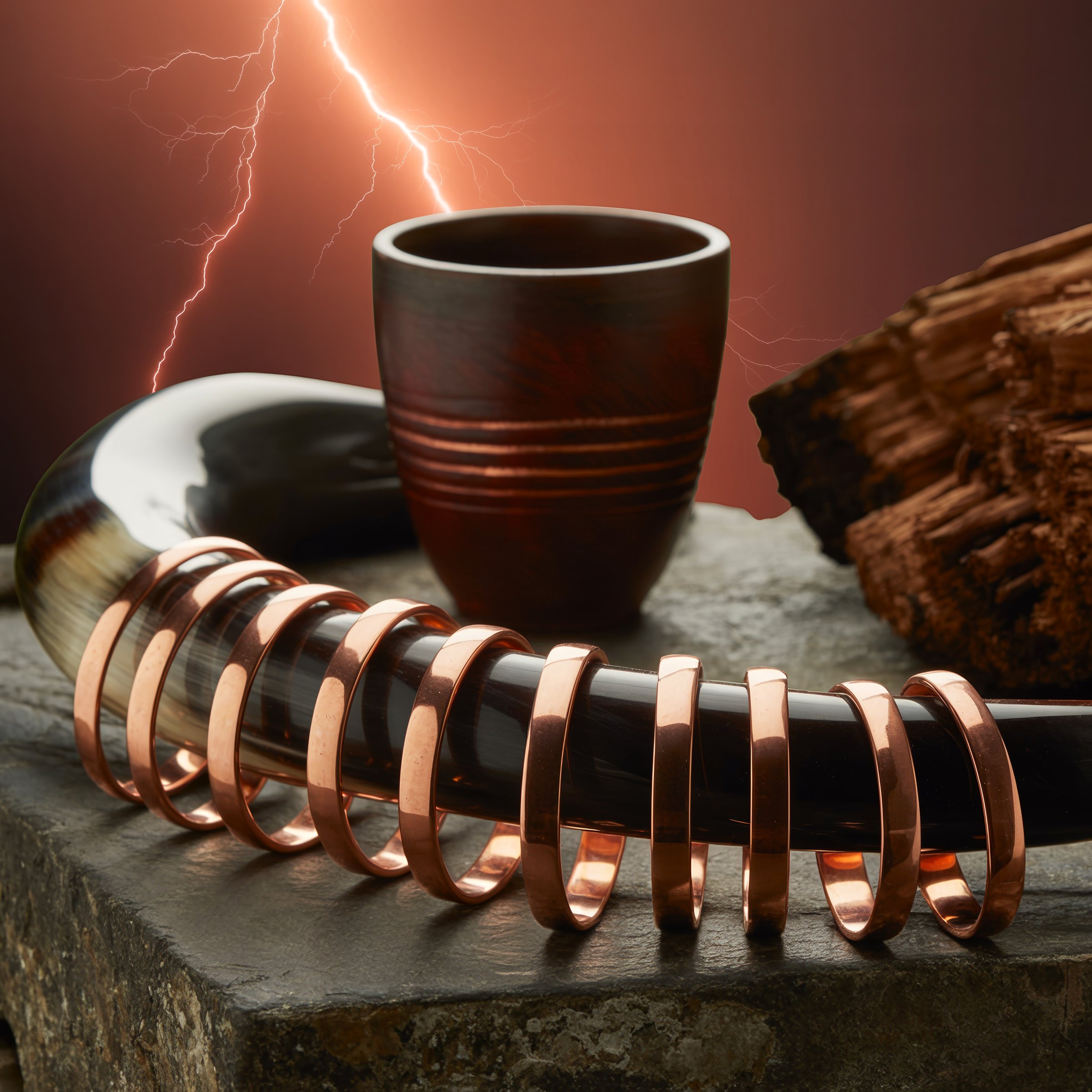 Nine copper bracelets threaded on a buffalo horn with red wine and lightning-struck wood
