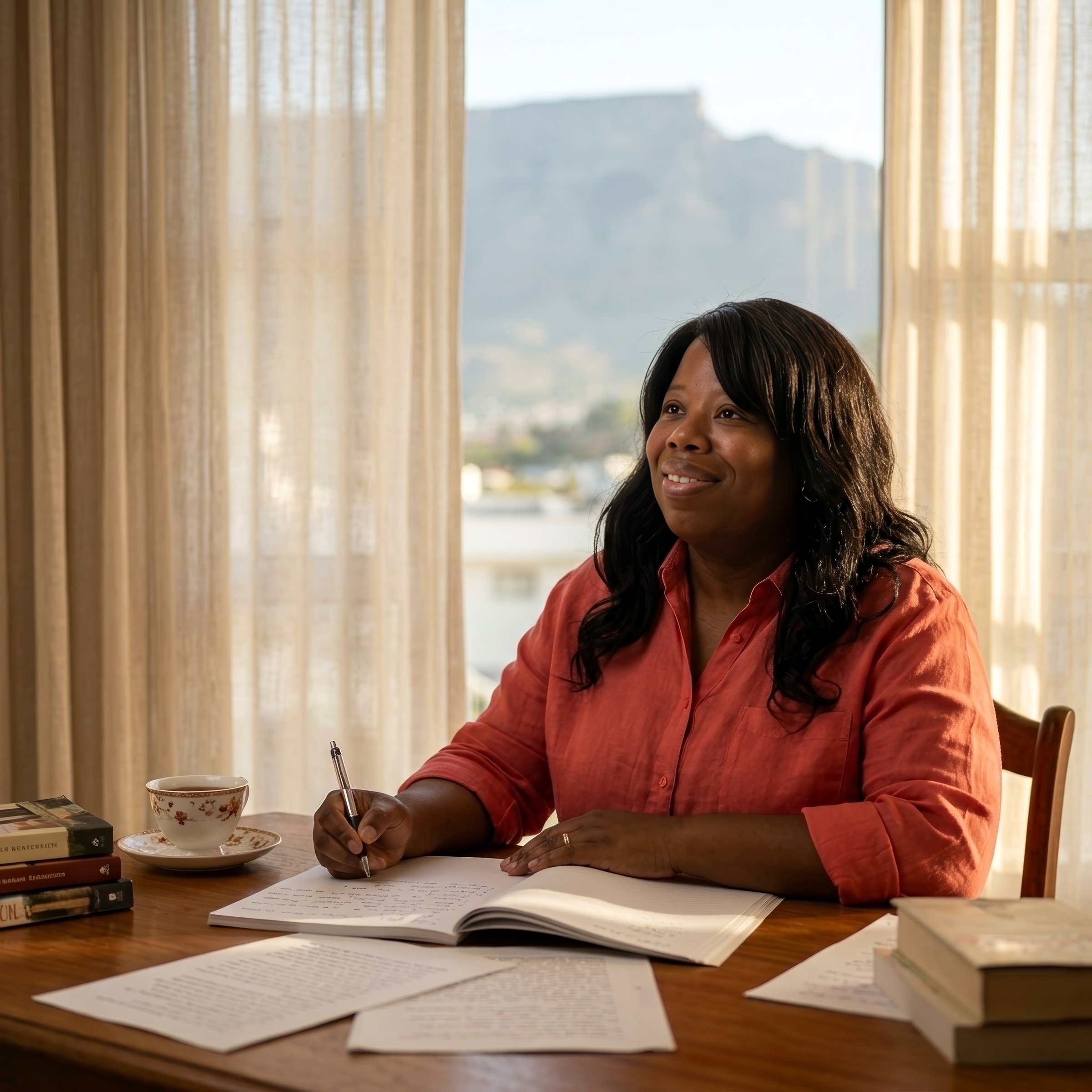 Carly Lewis at her writing desk in Cape Town, mid-thought, the manuscript open before her and Table Mountain visible through the window