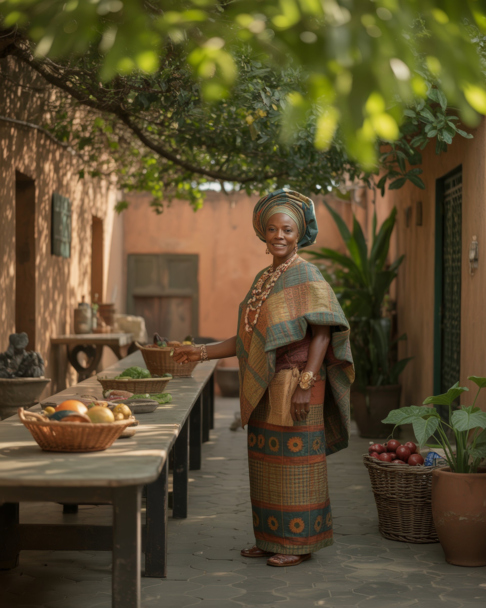 Mama Ade at the long table in the Compound, a walled garden in Lagos