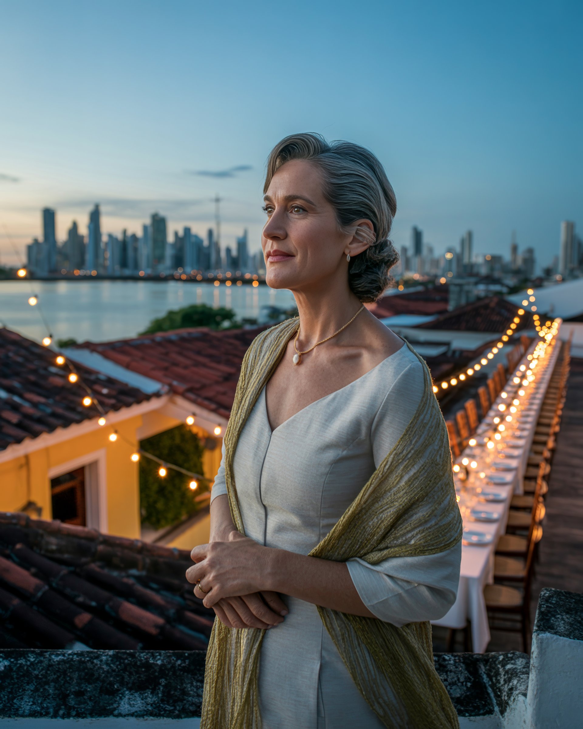 Doña Carmen on the rooftop in Casco Viejo at dusk, La Mesa set beside her, Panama